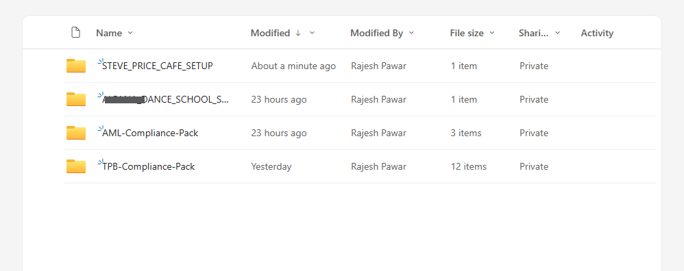 The draft AML documents saved to the client's OneDrive folder