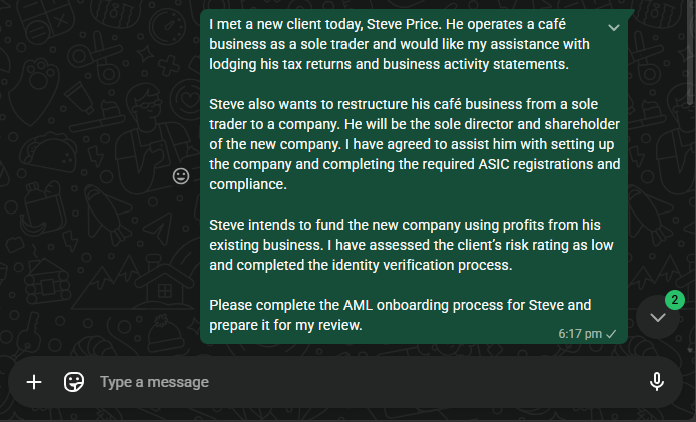 My WhatsApp request to the Compliance Manager agent, and its reply